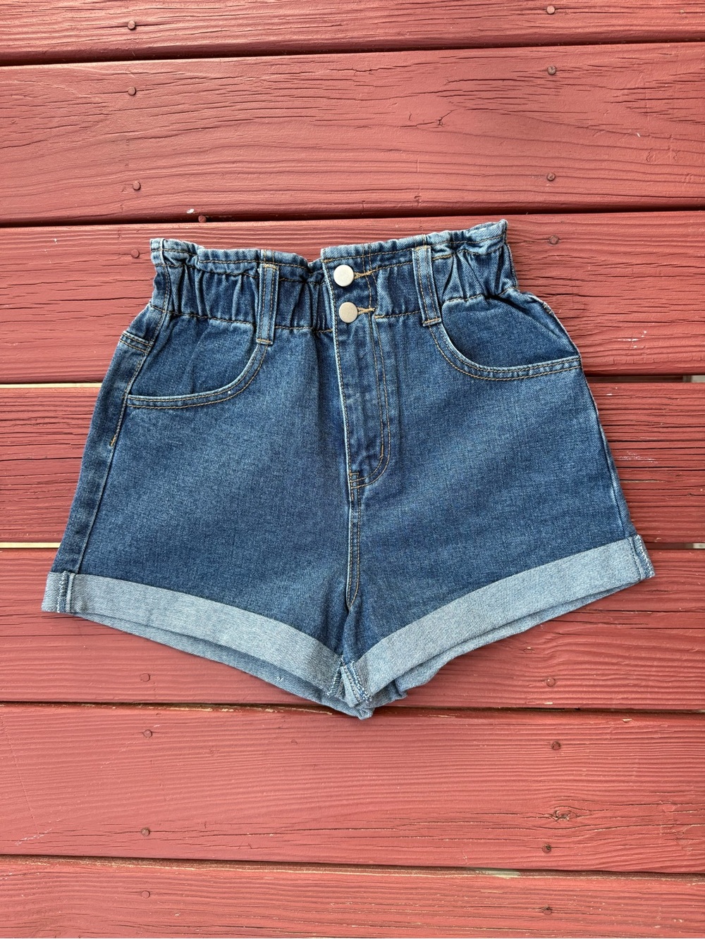 Forever 21 Dark Blue High-Waist Paperbag Denim Shorts